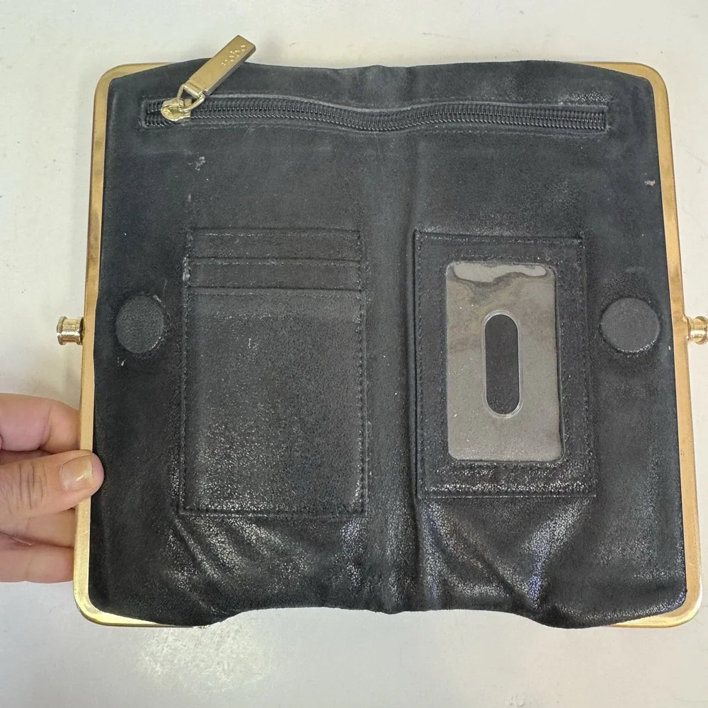 Hobo The Original Leather Lauren Double Frame Clutch Wallet Black Textured VTG